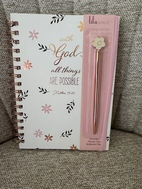 Inspirational Floral Spiral Notebook with Flower Top Pen - Pink & White